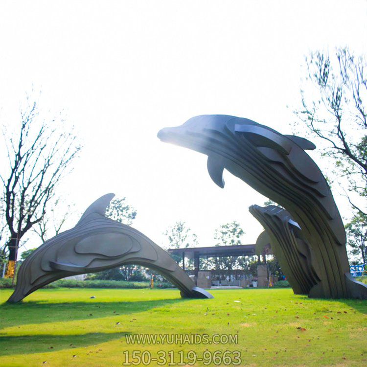 公園不銹鋼拼圖抽象鯨魚海豚草地景觀雕塑擺件