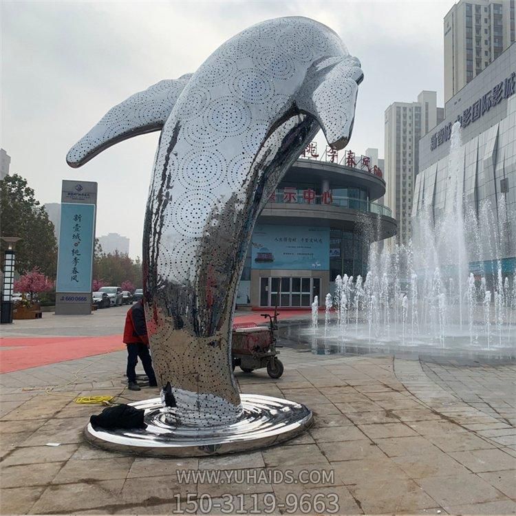 不銹鋼鏡面鏤空戶外噴泉水景擺件鯨魚雕塑