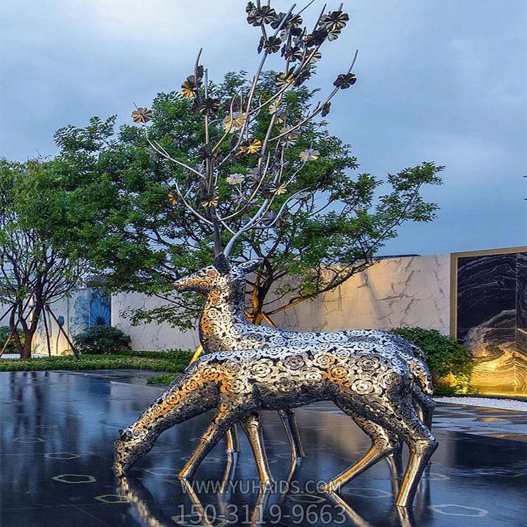 水景裝飾動物鏤空鐵藝梅花鹿雕塑