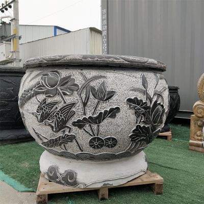 青石仿古石雕園林庭院浮雕蓮花缸雕塑