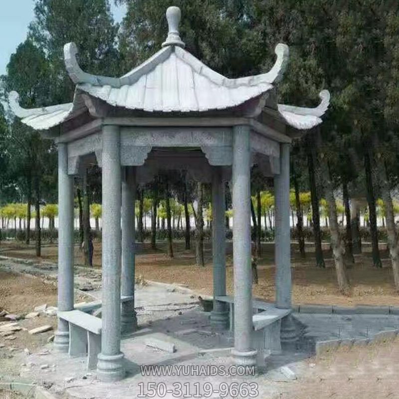 公園景觀(guān)擺放休息青石六角座椅涼亭雕塑