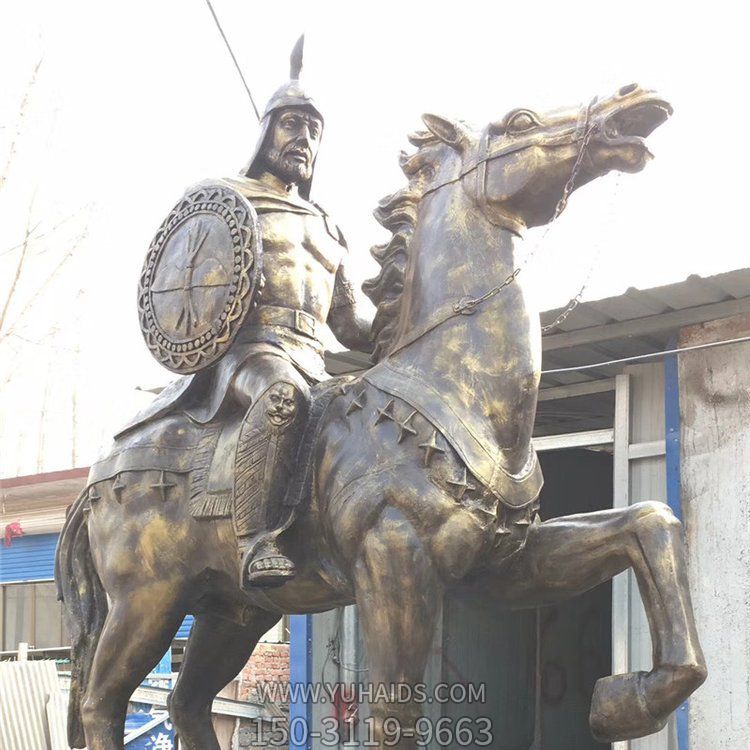 廣場(chǎng)擺放玻璃鋼 仿銅古代將軍騎馬人物雕塑