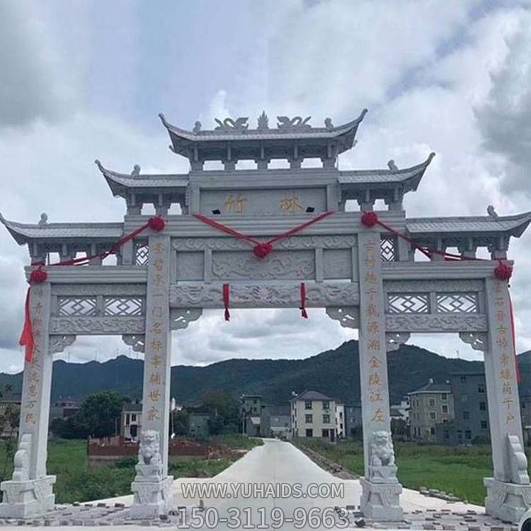 青石仿古建筑大型三門(mén)石雕牌坊園林?jǐn)[件雕塑